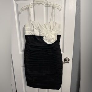 David's Bridal Black and White Strapless Rosette Cocktail Dress
